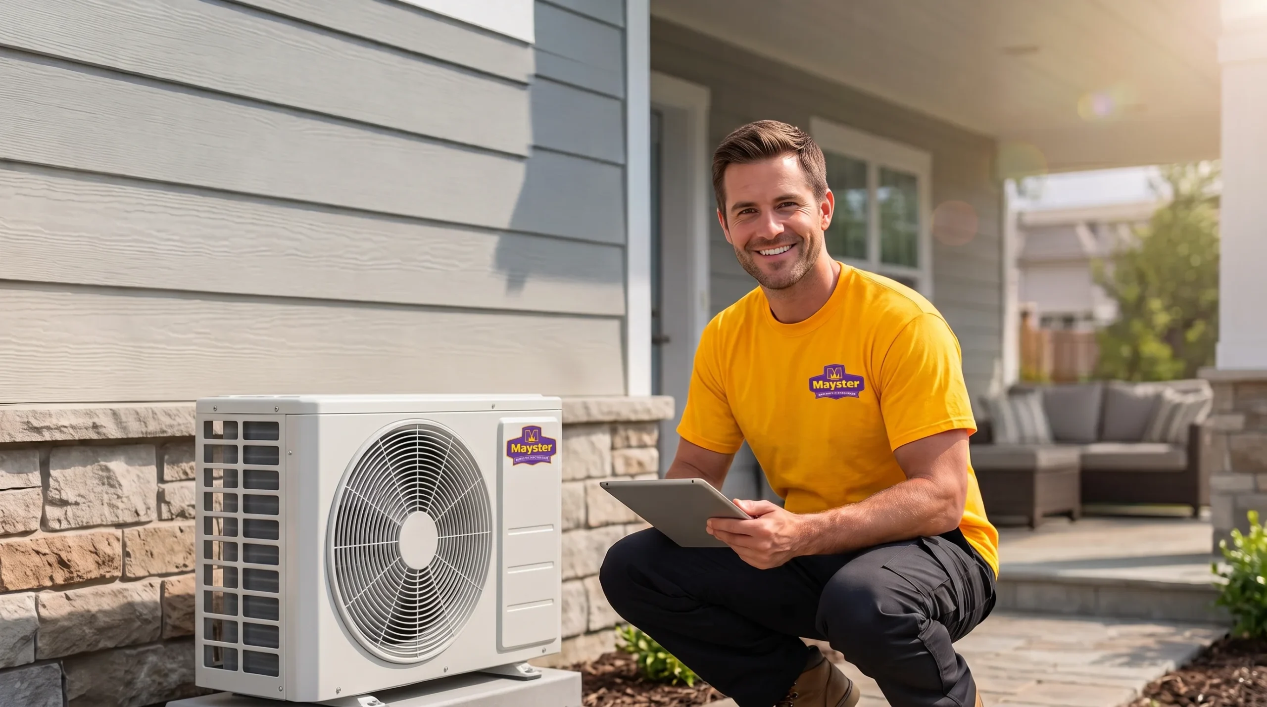 Smiling technician kneeling next to an outdoor heat pump unit for Air Conditioning Services Greater Puget Sound.