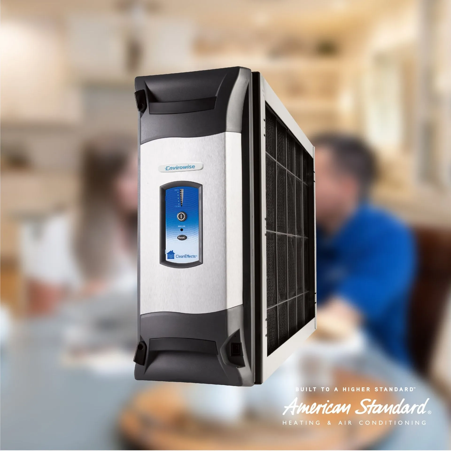 Silver and black American Standard CleanEffects whole home air cleaner unit with grid filter.
