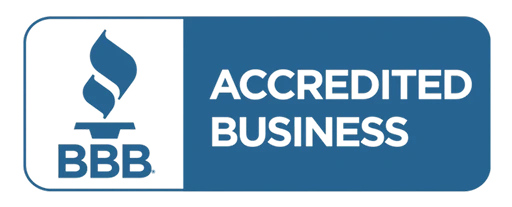 Blue and white Better Business Bureau torch emblem with Accredited Business text.
