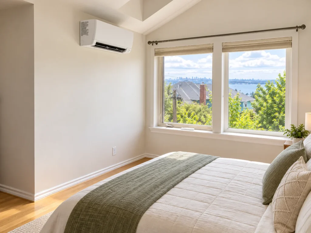 Modern wall air conditioner in a bright bedroom provided by Mini Split Services Greater Puget Sound.