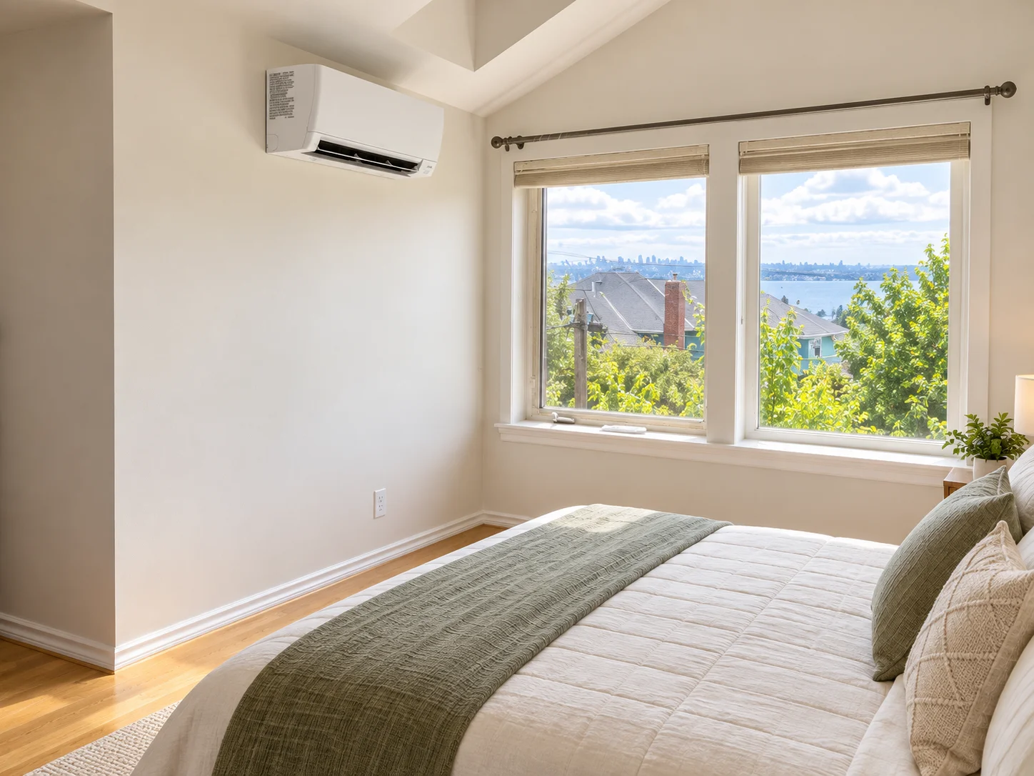 Modern wall air conditioner in a bright bedroom provided by Mini Split Services Greater Puget Sound.