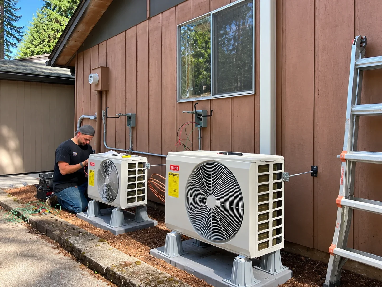 A technician kneeling to connect wiring for two outdoor Bryant heat pump units near a brown wooden wall.