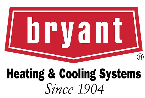 Red trapezoidal badge with white Bryant lettering above black Heating & Cooling Systems text and Since 1904 script.