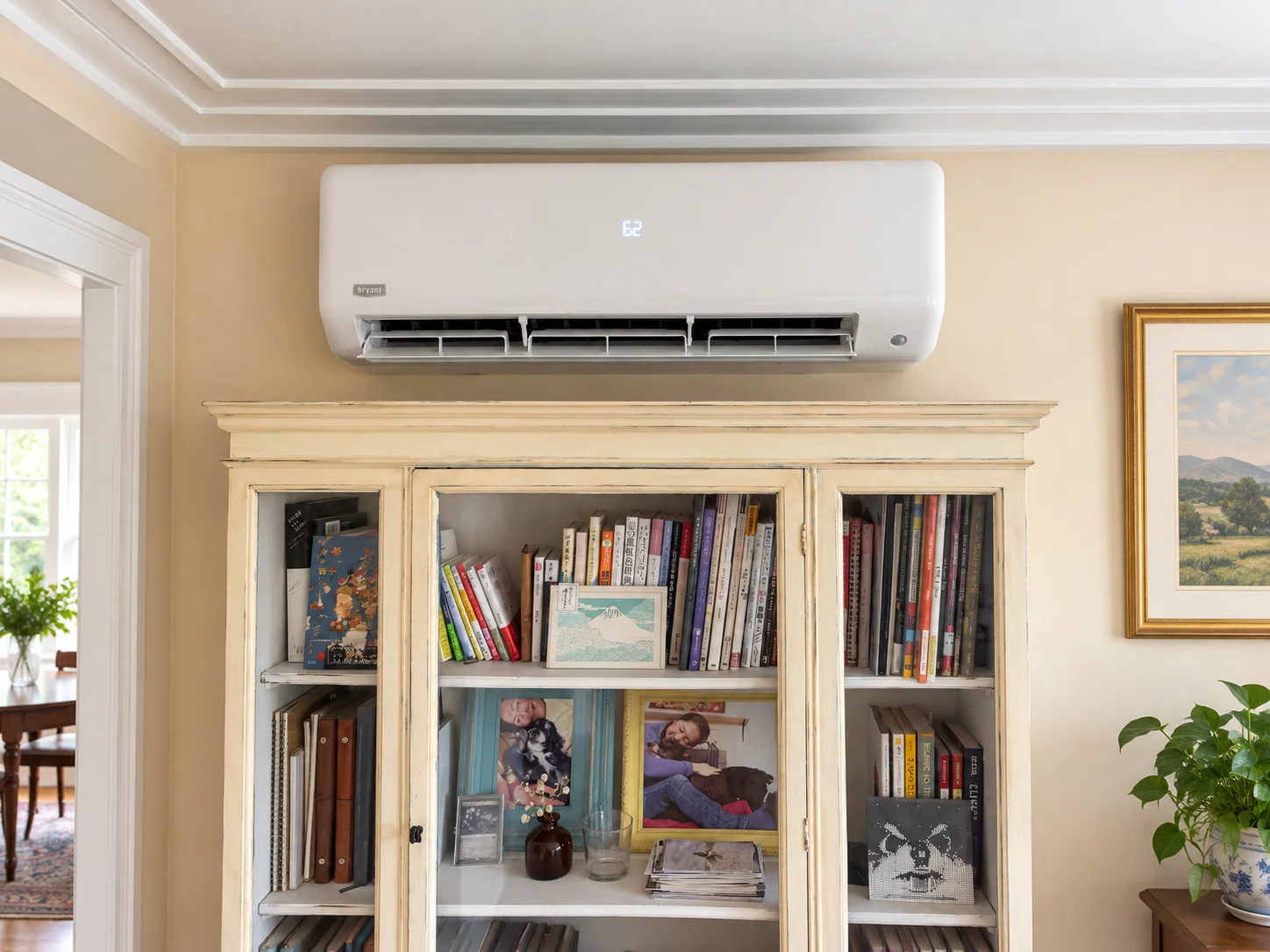 White Bryant ductless air handler on wall above bookshelf, maintained by Heating System Services Greater Puget Sound.