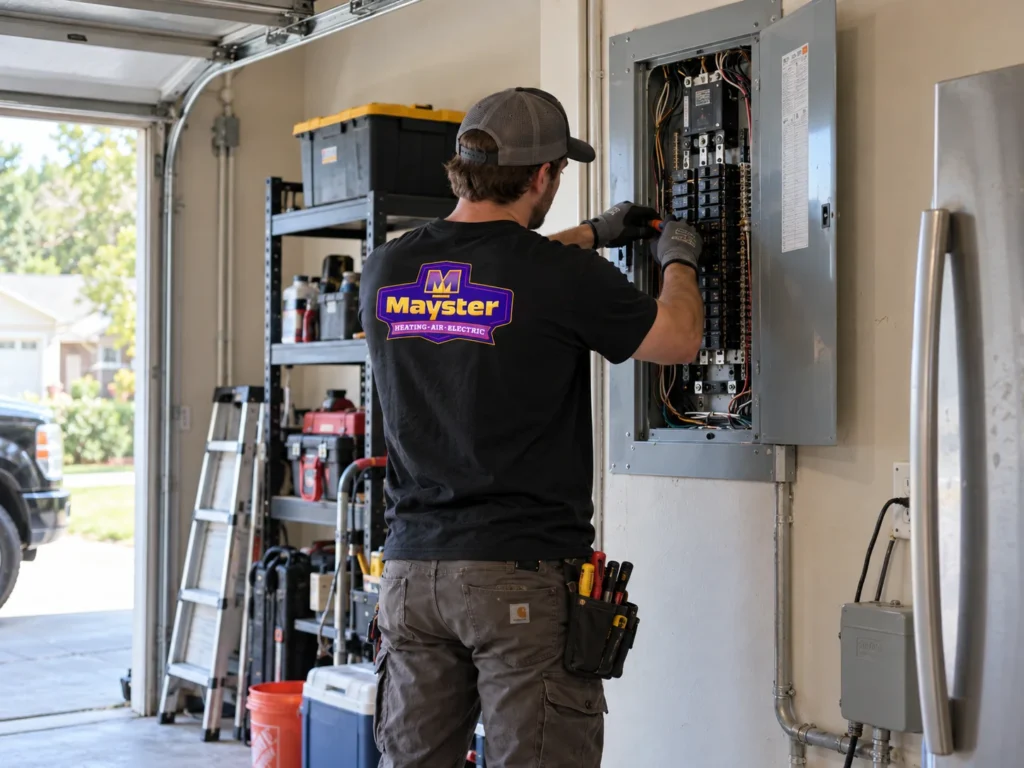 An electrician working on a wall breaker box during an Electrical Panel Replacement Greater Puget Sound project.