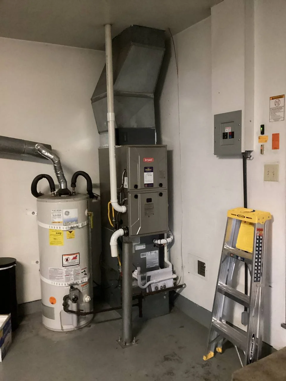 A Bryant heating unit installed in a utility room near a water heater, managed by Furnace Services Greater Puget Sound.
