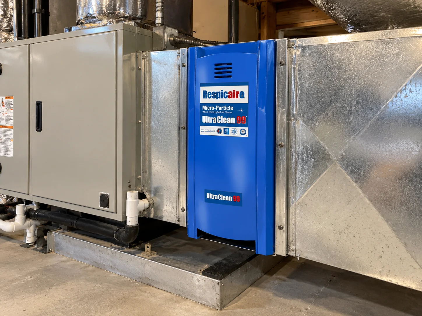 Blue Respicaire UltraClean 99 air purification system installed in ductwork by Air Purifiers Services Greater Puget Sound.