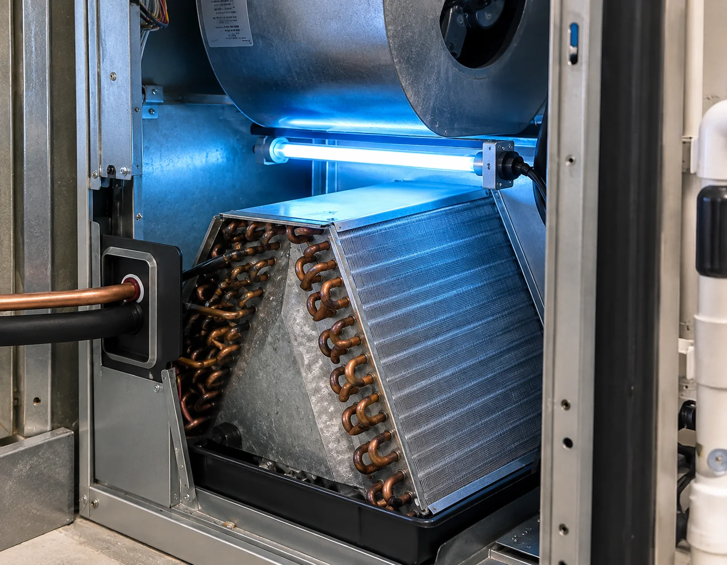 An open HVAC air handler unit featuring a blue ultraviolet purification lamp installed above the evaporator coils for UV Light Services.