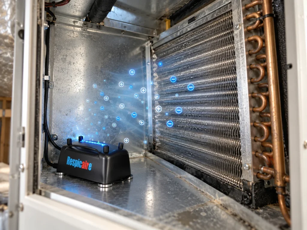 Respicaire air purifier releasing positive and negative ions near HVAC coils through Air Purifiers Services Greater Puget Sound.