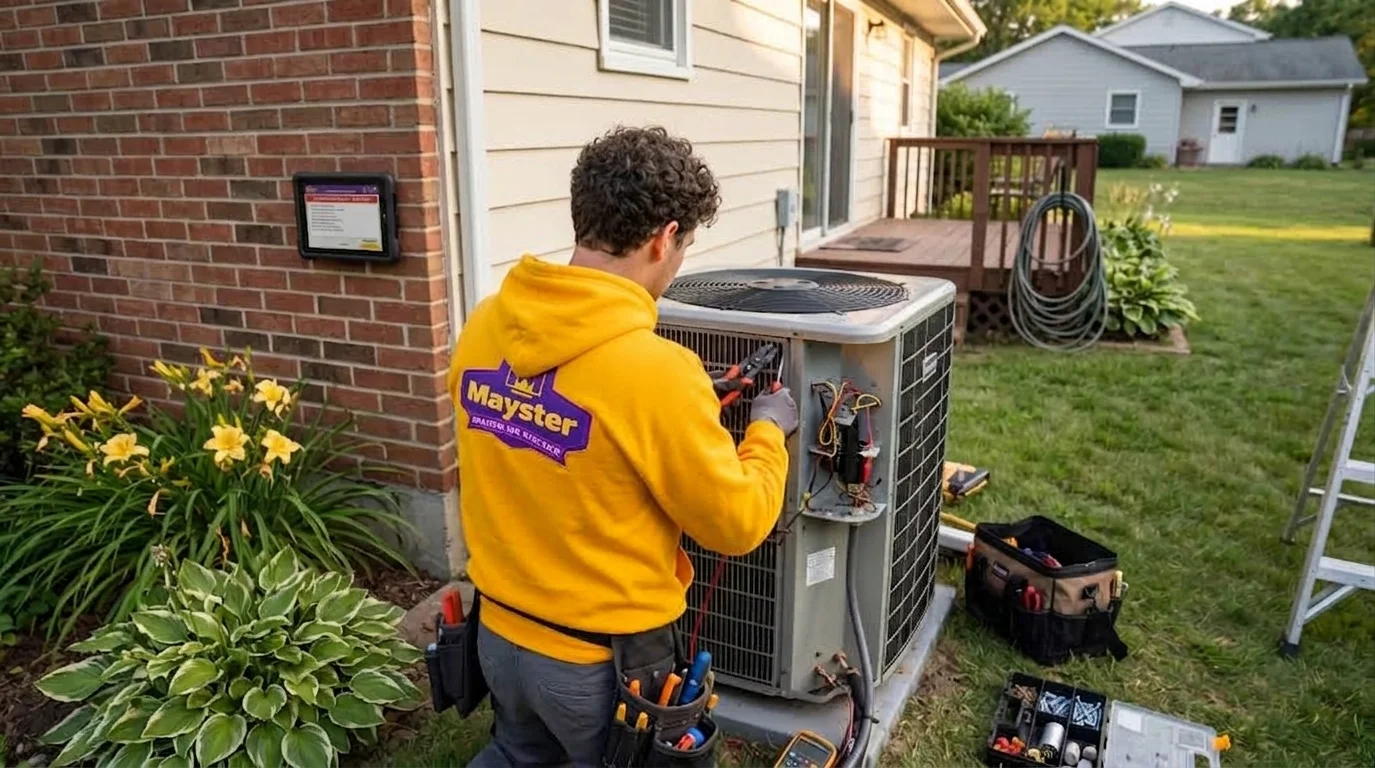 A technician services an outdoor AC unit using specialized tools for Air Conditioning Services Greater Puget Sound.