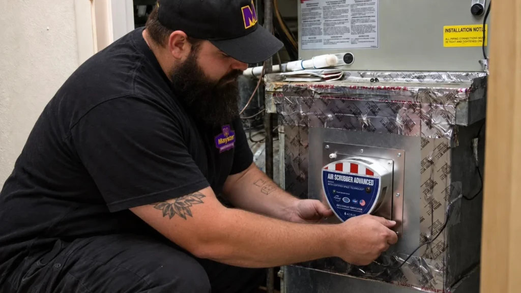 A technician installing an Air Scrubber Advanced unit during Air Scrubber Services Greater Puget Sound.