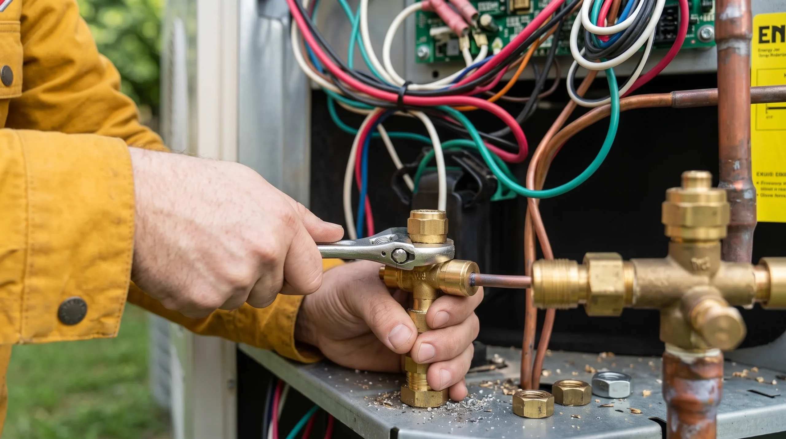 Technician tightening brass valve during Air Conditioning Services Greater Puget Sound.