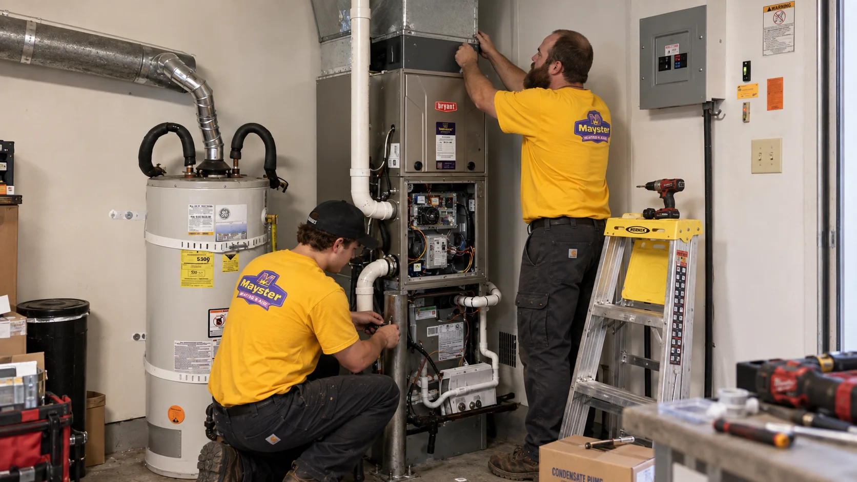 Two technicians in yellow shirts perform furnace repair and maintenance inside a basement utility room.
