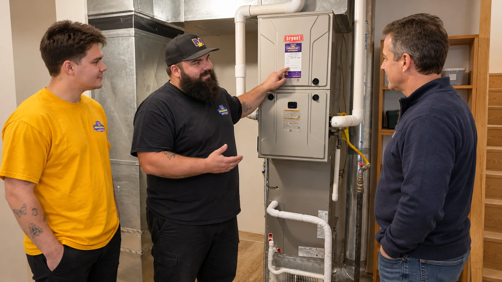 Technicians explaining Bryant unit details to a homeowner, delivering trusted Furnace Services Greater Puget Sound.