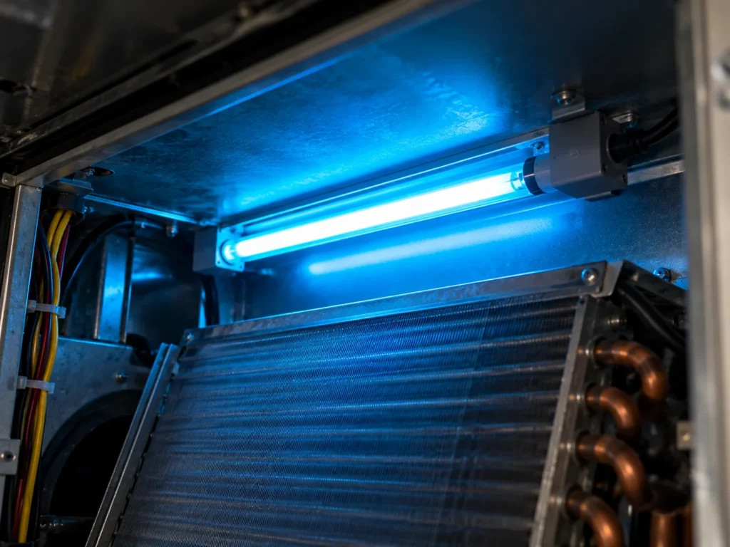 A close-up view of a glowing blue ultraviolet lamp mounted inside an HVAC air duct during UV Light Services.