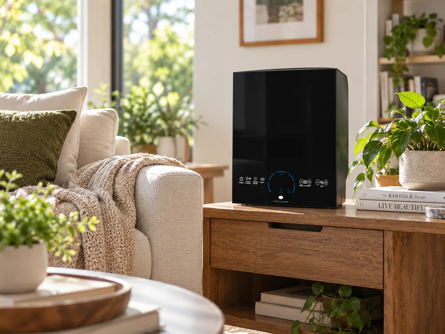 Sleek black air purifier with digital display on wooden side table, with sofa and plants. Provided by Air Purifiers Services Greater Puget Sound.