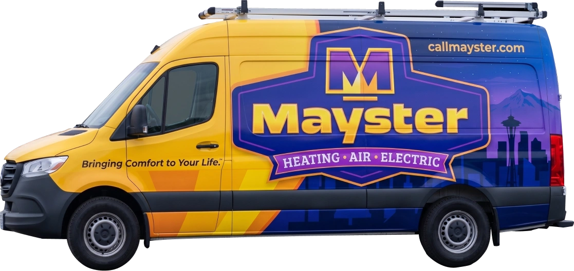 Side profile of a yellow and purple Mayster service van isolated on a plain white background.