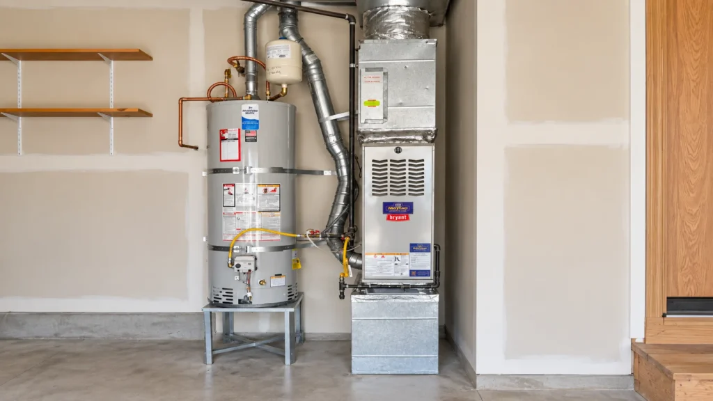 Two grey residential water heaters and a gas furnace unit, maintained by Heating System Services Greater Puget Sound.