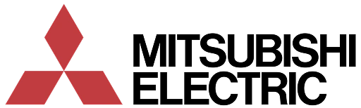 Three red diamonds forming a triangular shape next to bold black Mitsubishi Electric typography on white background.