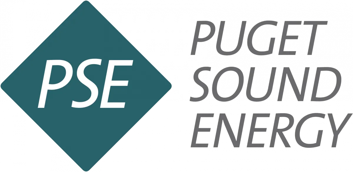 Dark teal diamond with white "PSE" text, alongside gray "PUGET SOUND ENERGY" in three lines on white background.