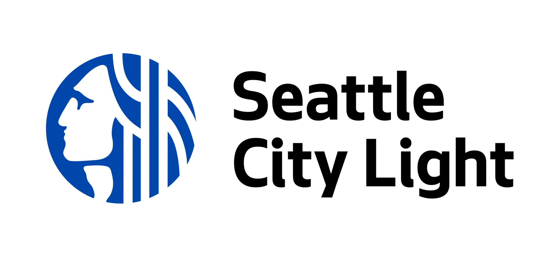 Blue circular emblem featuring Chief Sealth profile alongside bold black Seattle City Light text on a white background.