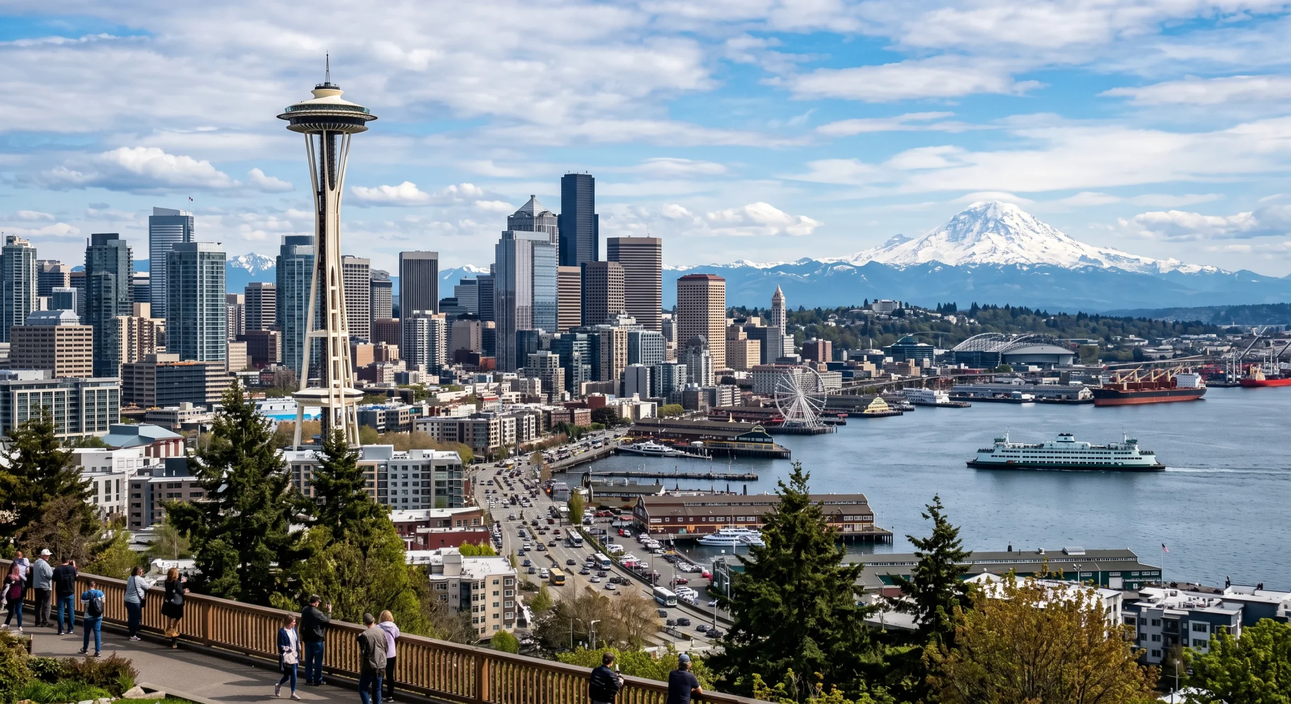 Panoramic city skyline with Space Needle and Mount Rainier overlooking Puget Sound where top HVAC services in Seattle WA keep homes comfortable.