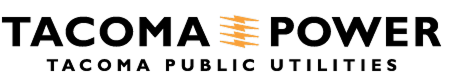 Dark typography for Tacoma Power and Tacoma Public Utilities with an orange lightning bolt icon between the words.
