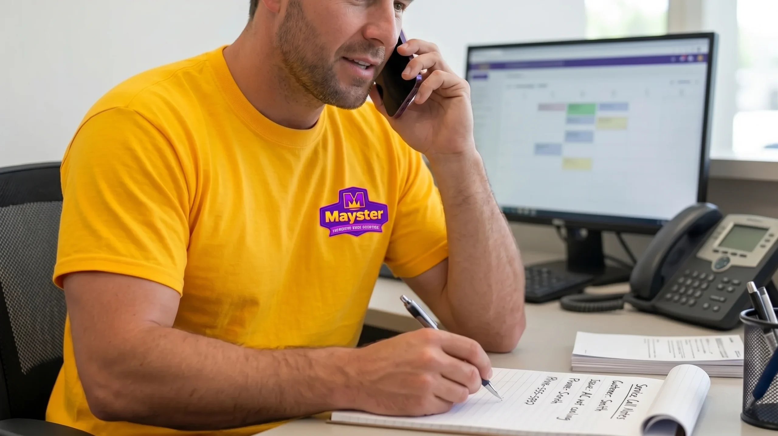 A man in a yellow shirt taking customer notes on the phone. Contact HVAC Contractor Greater Puget Sound