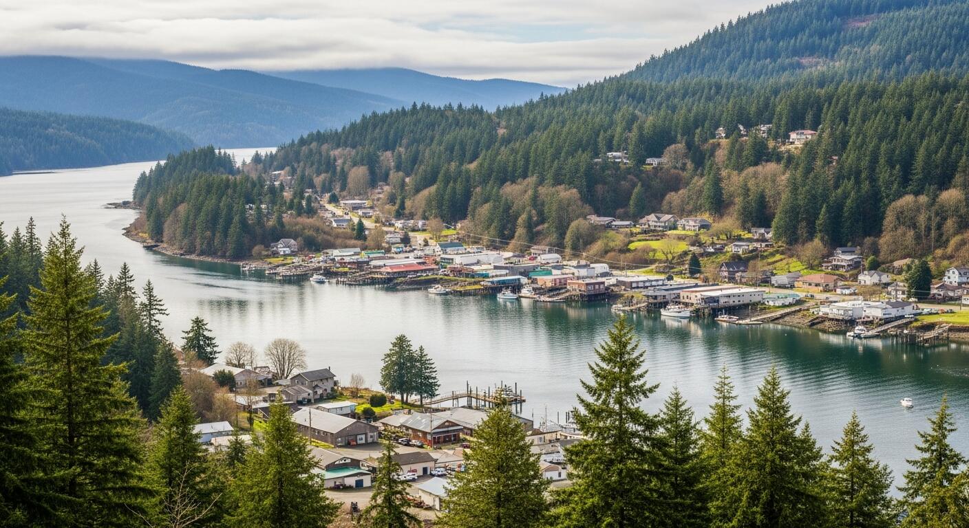 Forested hills and waterfront homes along the water in Belfair, where Mayster provides HVAC services in Belfair WA for local homes