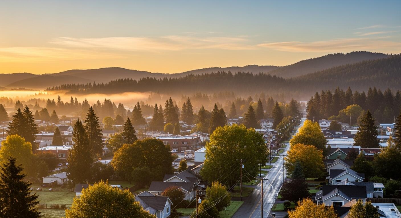 Golden sunrise over Black Diamond homes and foothills, where Mayster provides HVAC services in Black Diamond WA for local homes