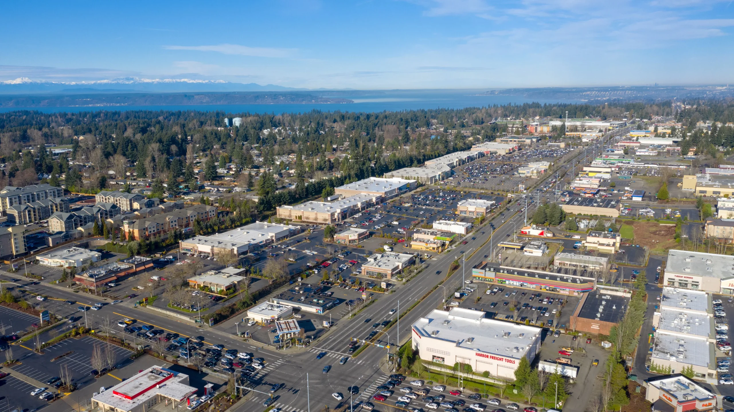 Aerial view of the Federal Way commercial district and neighborhoods, a community where Mayster offers HVAC services in Federal Way WA to homeowners
