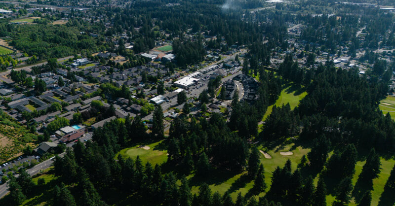 Aerial view of Fircrest neighborhoods surrounded by dense evergreen trees, where Mayster provides HVAC services in Fircrest WA for local homes