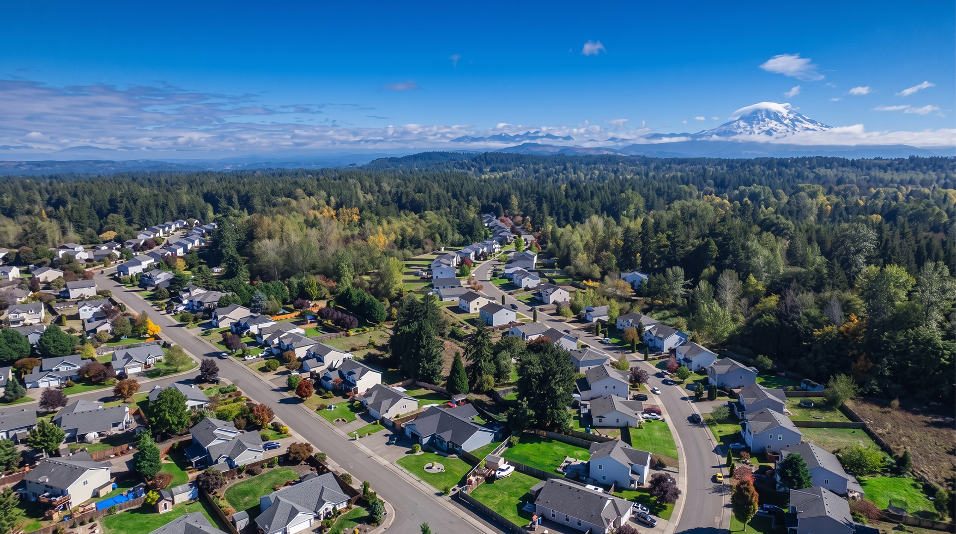 Aerial view of a Graham residential street lined with homes and trees, with Mount Rainier in the distance, where Mayster offers HVAC services in Graham WA