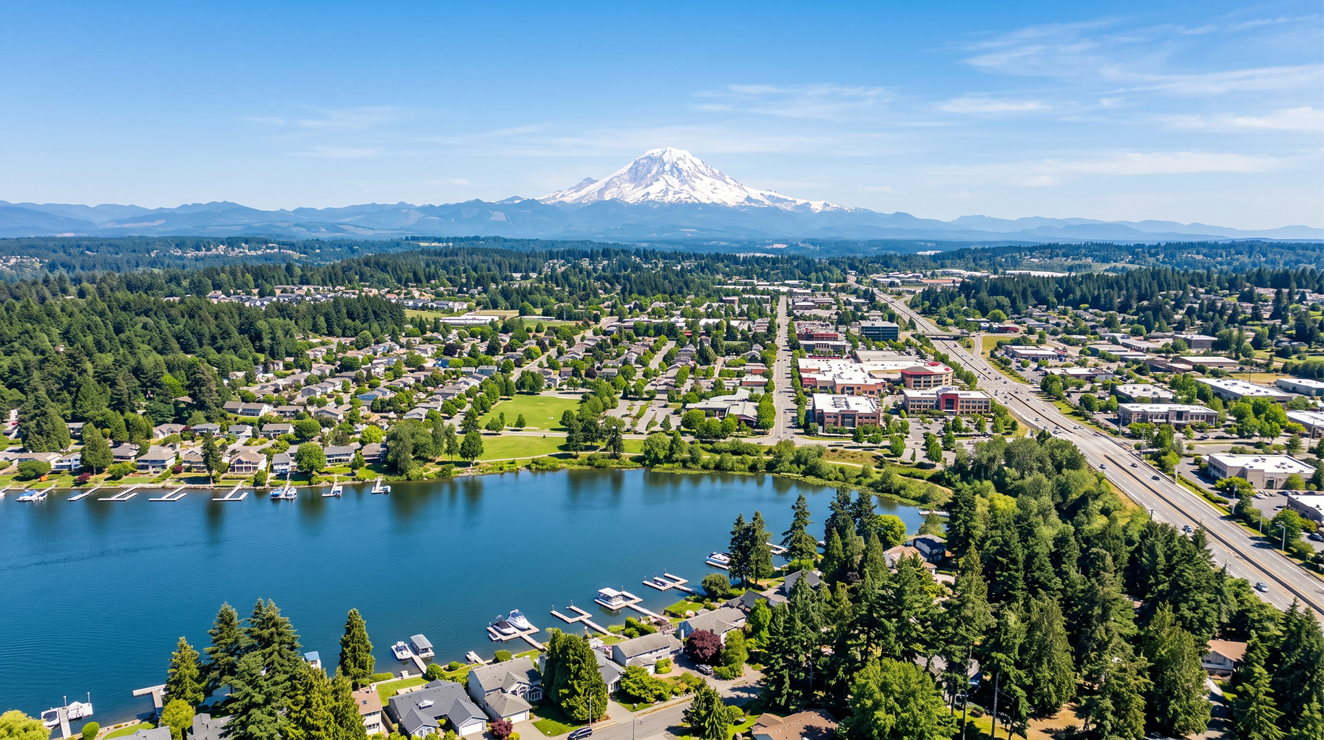 Aerial view of Lakewood neighborhoods along a lake with Mount Rainier on the horizon, where Mayster delivers HVAC services in Lakewood WA to homeowners