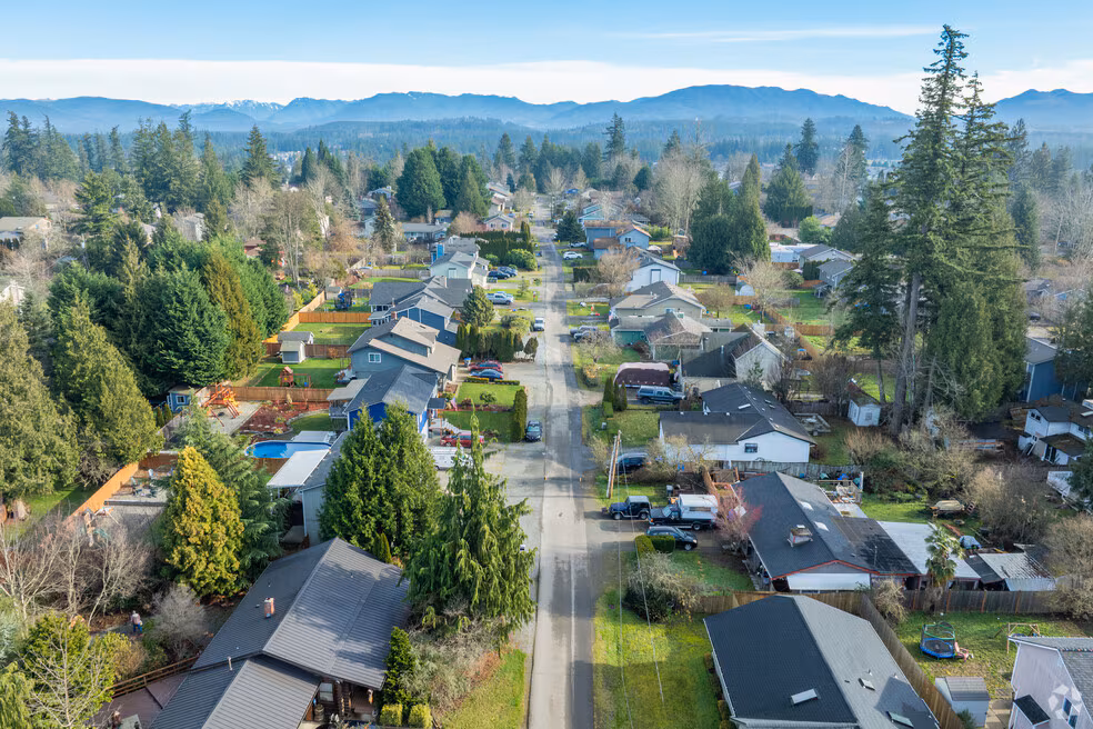 Aerial view of a tree-lined Maple Valley neighborhood with mountains beyond, where Mayster provides HVAC services in Maple Valley WA for local homes