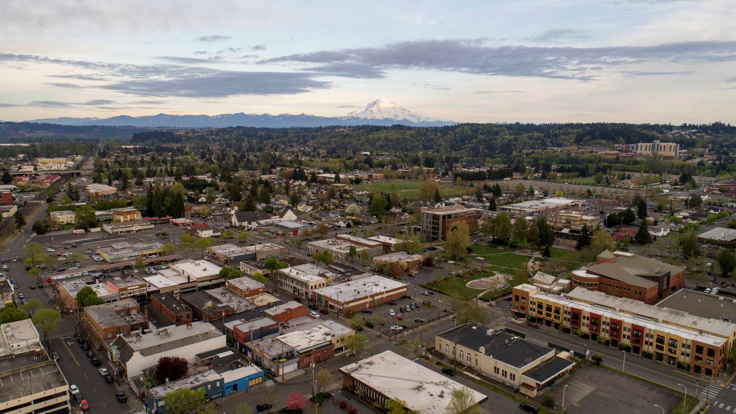 Aerial view of downtown Puyallup rooftops and streets, where Mayster provides HVAC services in Puyallup WA for local homes