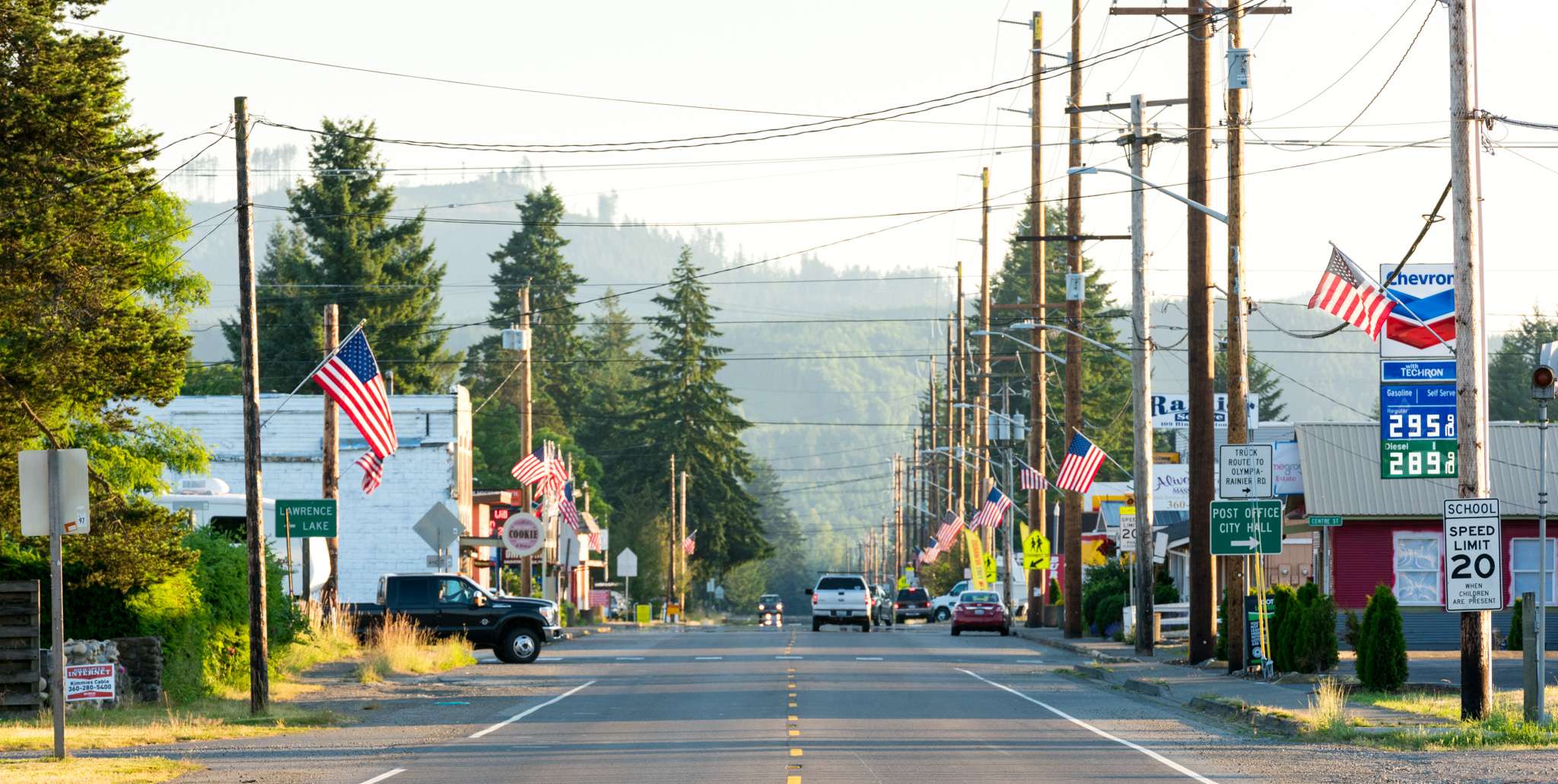Main street of Rainier lined with flags, shops, and evergreen trees, a small town where Mayster offers HVAC services in Rainier WA to homeowners