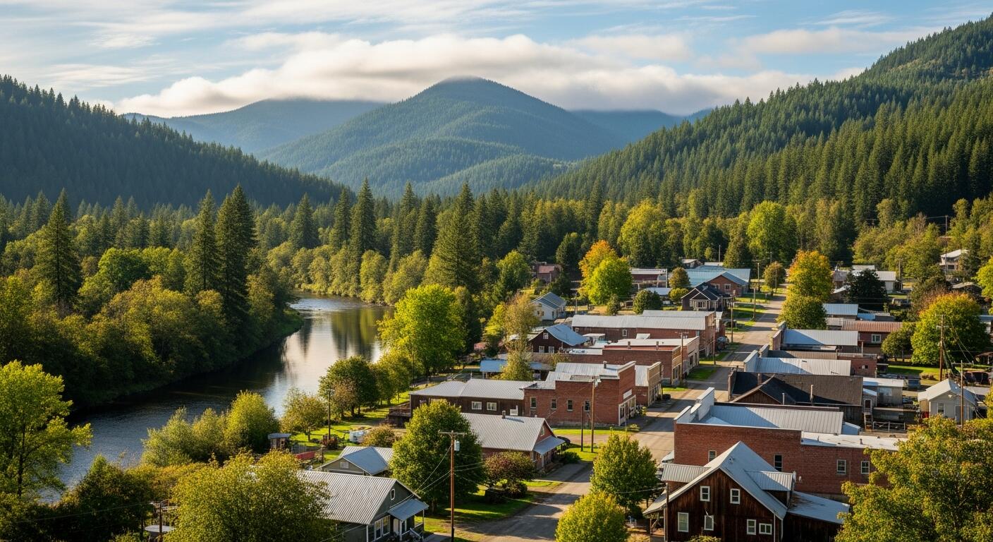 Aerial view of Ravensdale homes, a river, and forested hills, where Mayster delivers HVAC services in Ravensdale WA to nearby families