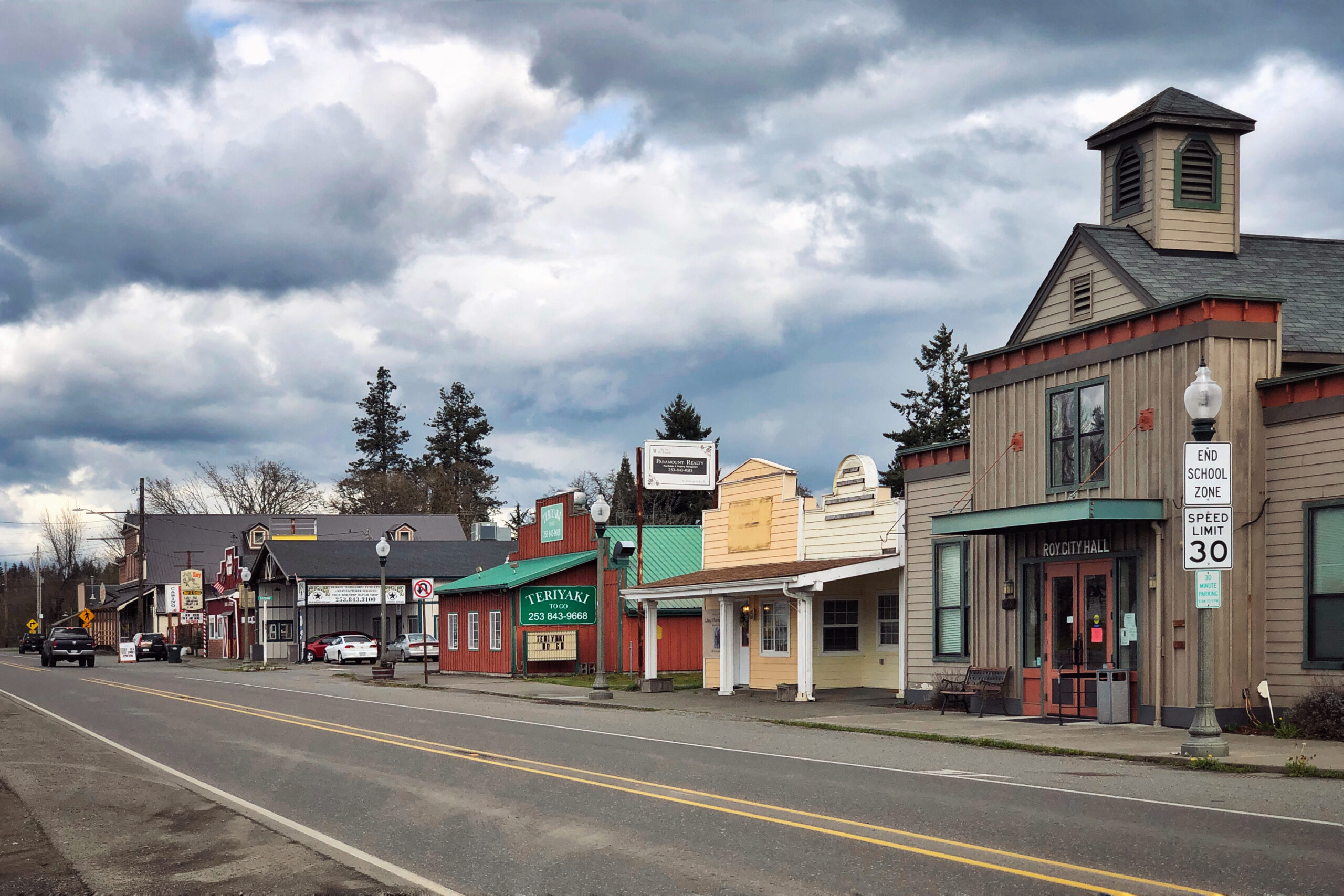 Historic storefronts along the main street of Roy, a community where Mayster offers HVAC services in Roy WA to homeowners