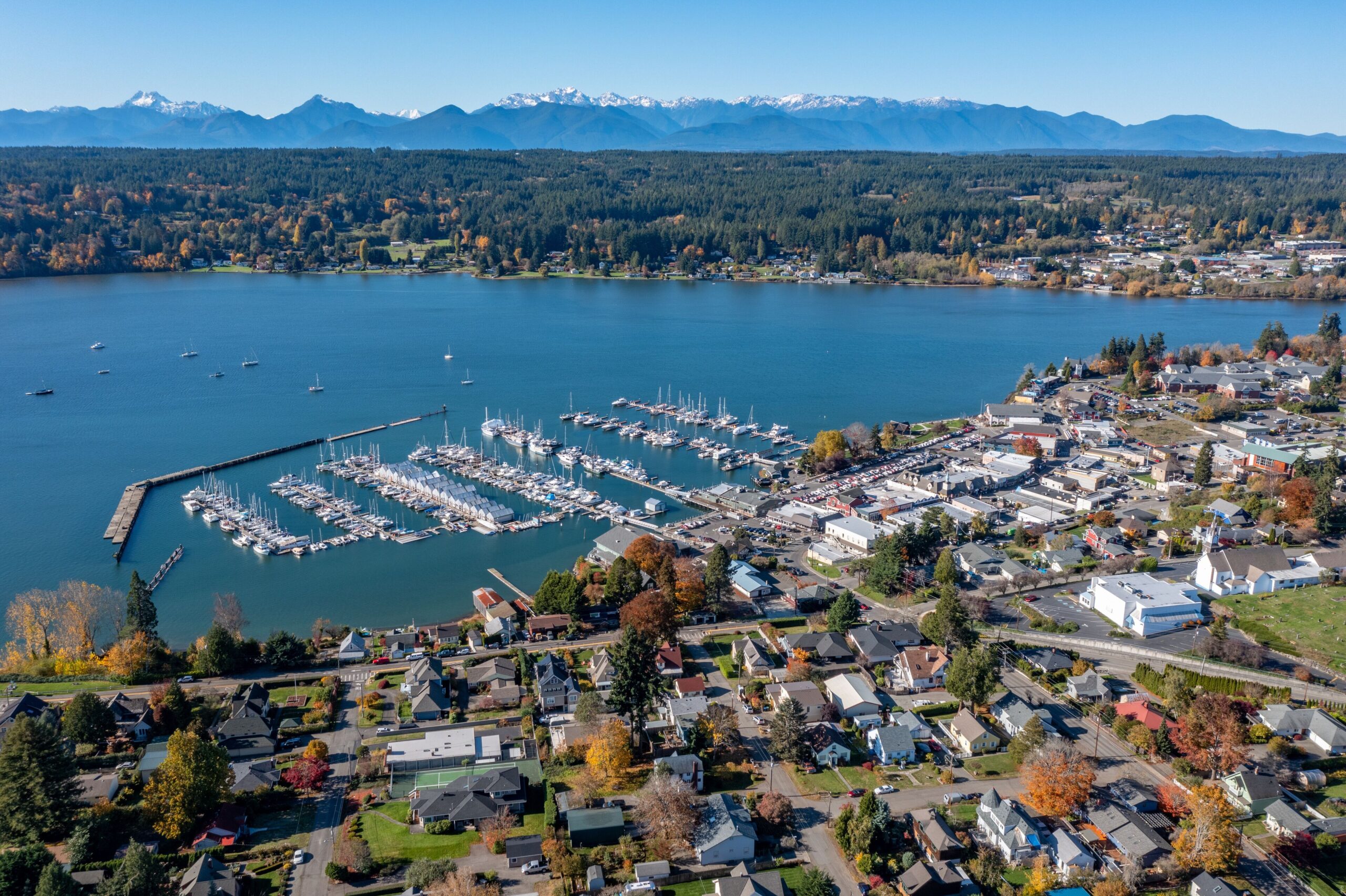 Aerial view of the Silverdale waterfront and marina on Dyes Inlet, a community where Mayster offers HVAC services in Silverdale WA to homeowners