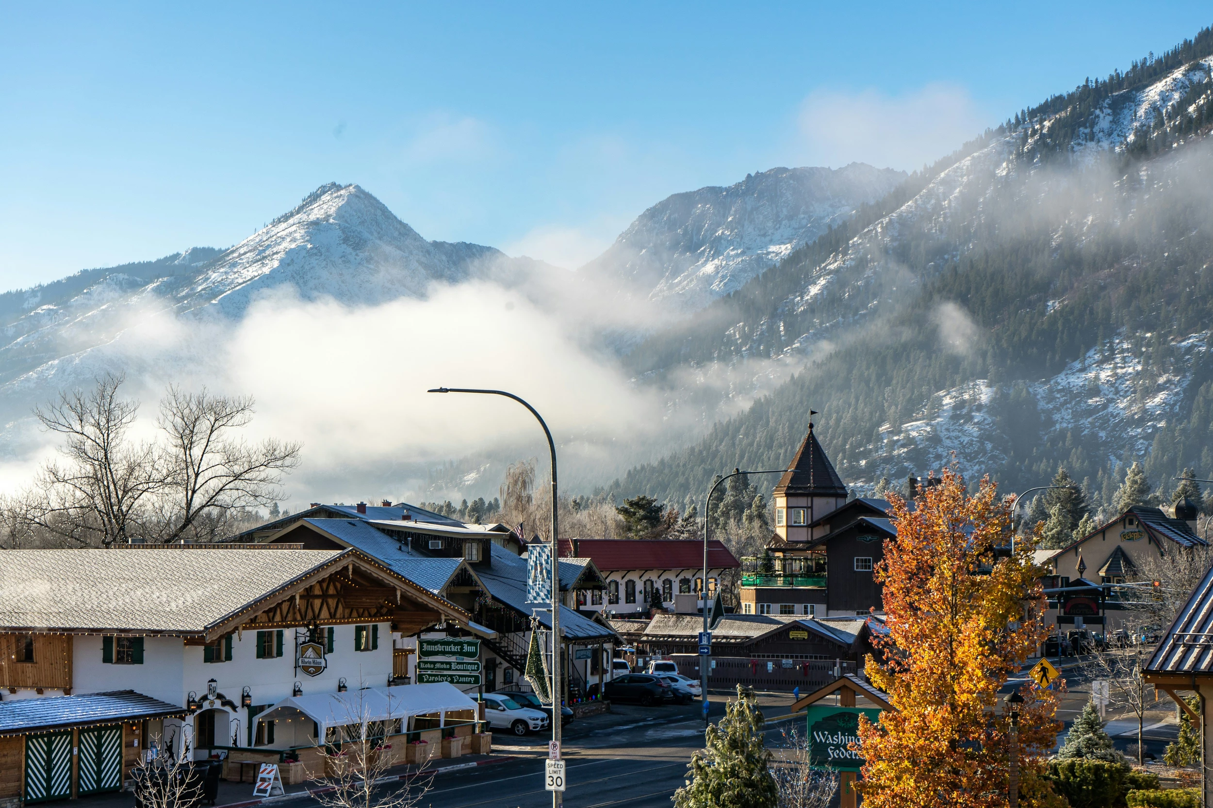 Misty snow-capped peaks above downtown Snoqualmie, where Mayster provides HVAC services in Snoqualmie WA for local homes