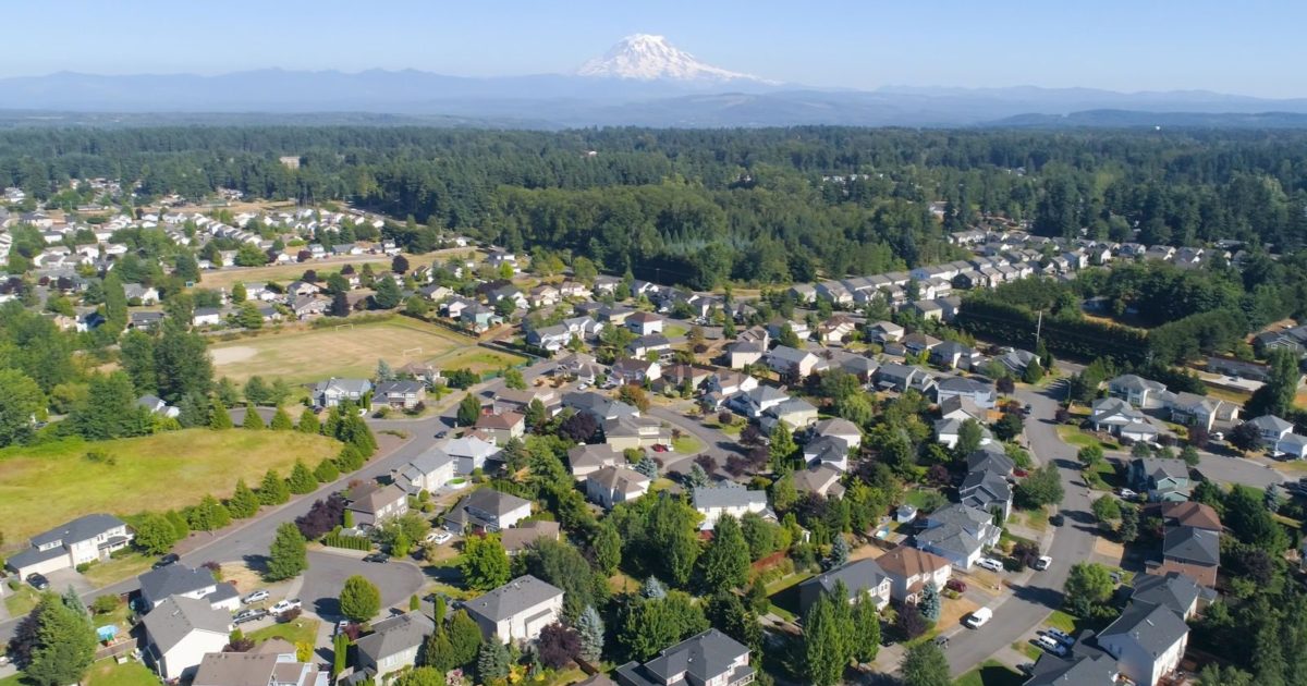 Aerial view of South Hill subdivisions and green spaces, where Mayster delivers HVAC services in South Hill WA to nearby families