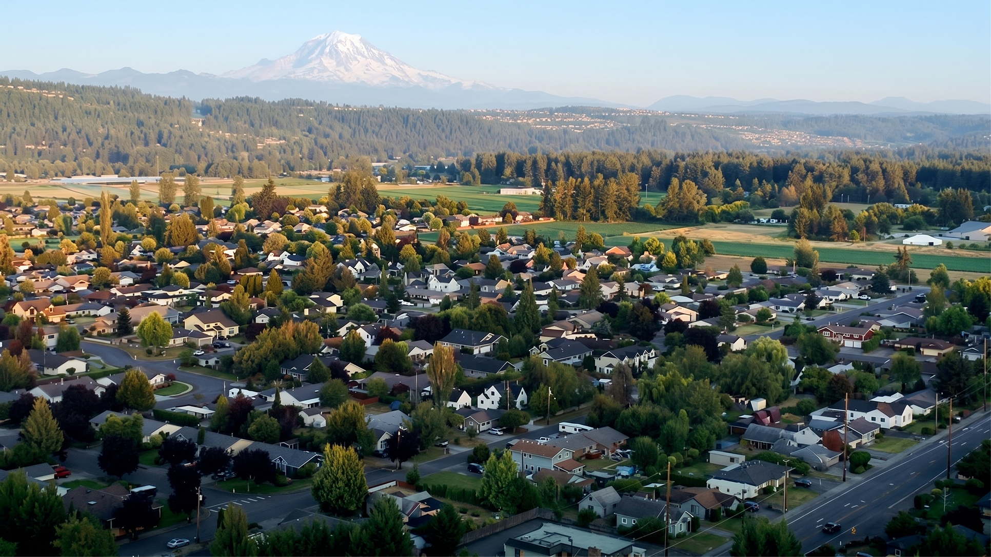Aerial view of Sumner homes and tree-lined streets beneath Mount Rainier, a valley town where Mayster provides HVAC services in Sumner WA