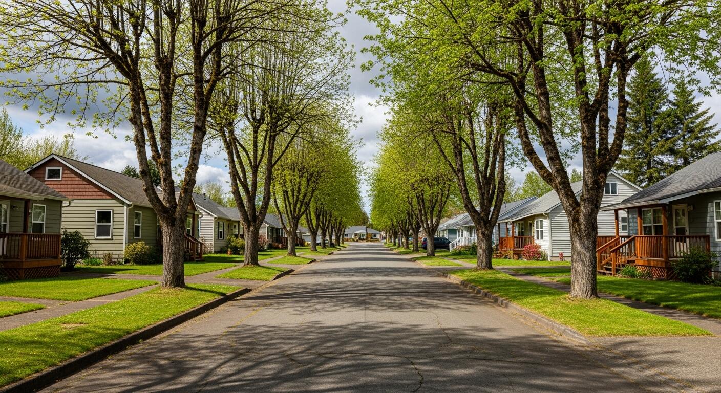 Tree-lined residential street in Tenino on a sunny day, where Mayster delivers HVAC services in Tenino WA to nearby families