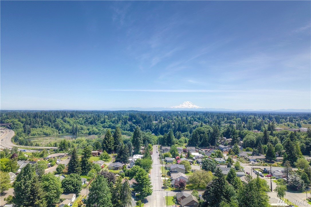 Aerial view of Tumwater neighborhoods and forest with Mount Rainier on the horizon, where Mayster delivers HVAC services in Tumwater WA to nearby families