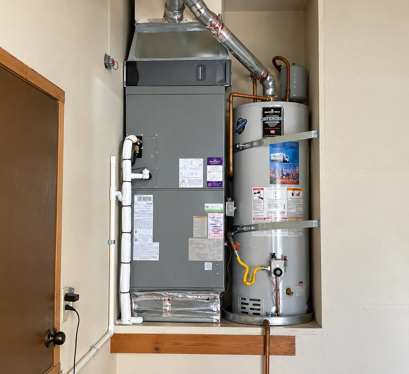 Modern heating unit alongside a water heater in a garage alcove during air handler installation Greater Puget Sound