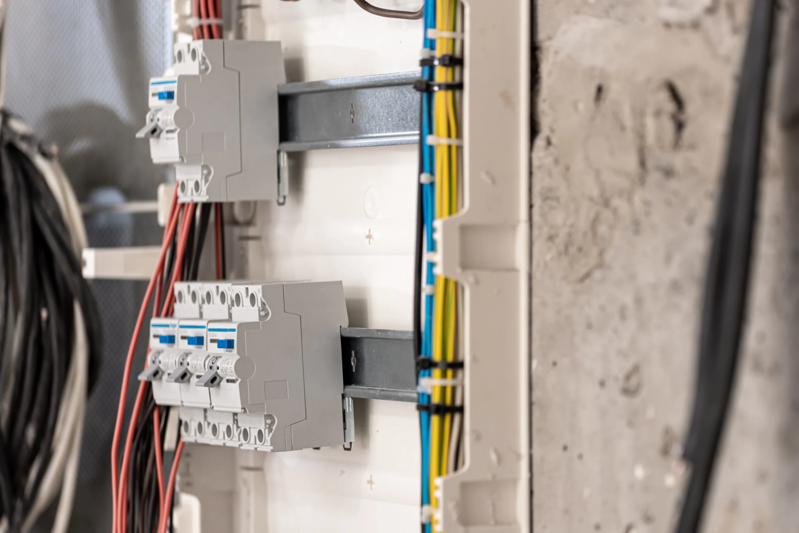 Close-up view of circuit breakers mounted inside an open panel during an Electrical Panel Replacement Greater Puget Sound.