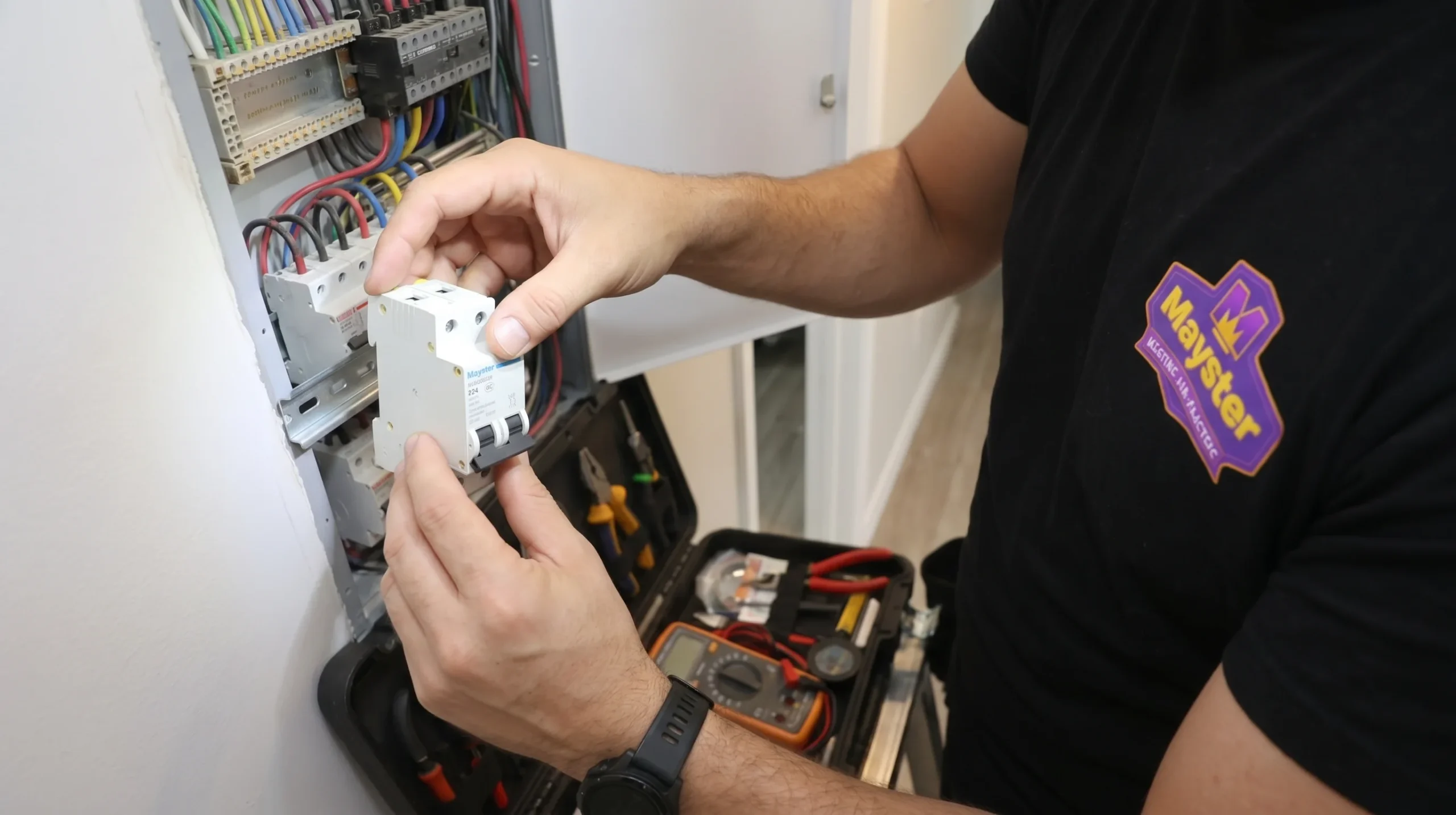 Hands of an electrician installing a new circuit breaker during an Electrical Panel Replacement Greater Puget Sound.
