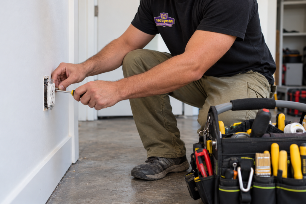 Electrician using a screwdriver to fix a socket as part of Electrical Replacements & Upgrades Greater Puget Sound.
