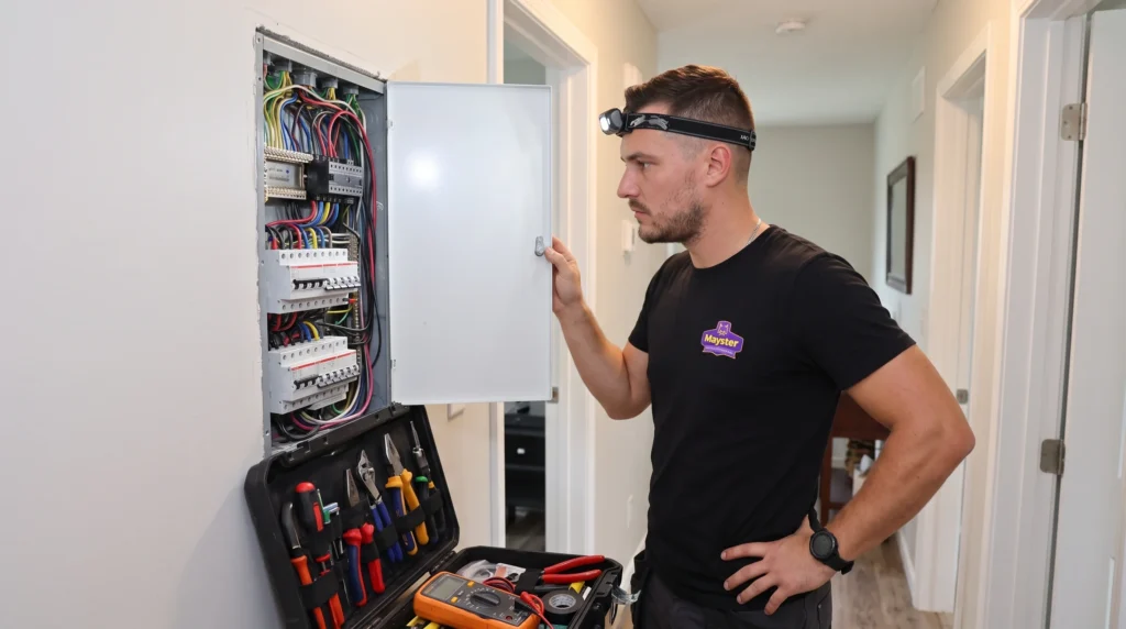 An electrician with a headlamp inspects an open circuit breaker panel during an Electrical Panel Replacement Greater Puget Sound.